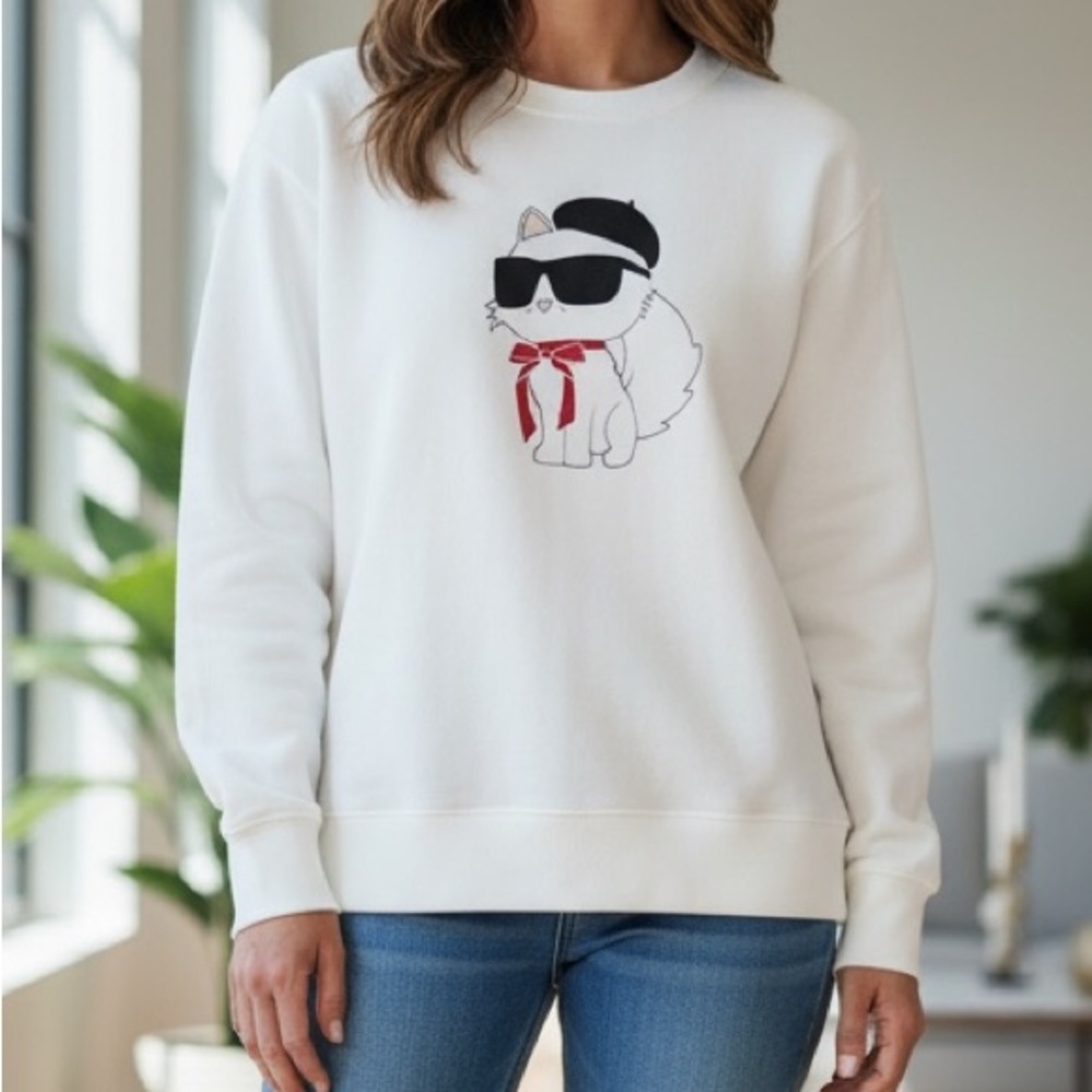 NWT Karl Lagerfeld Paris Long Sleeve High Low White Cat Top Sweatshirt Large